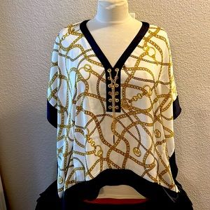 NWT Michael Kors Cream & Black Blouse with Gold Chain accents Size S/M